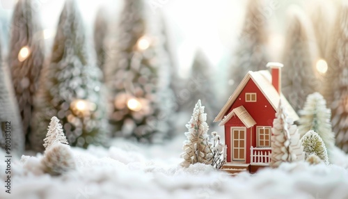 Miniature House in Snowy Forest with Christmas Trees and Lights photo