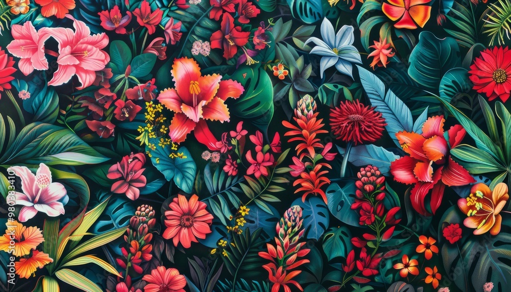 Vibrant and colorful tropical flowers and leaves create a lush garden paradise Vibrant and colorful tropical flowers and leaves create a lush garden paradise