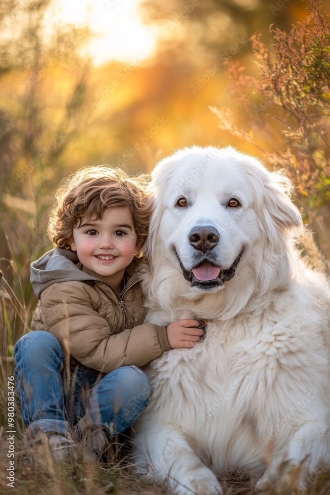 Young Child Embracing and Smiling with Beloved White Fluffy Dog in Golden Sunset Field Young Child Embracing and Smiling with Beloved White Fluffy Dog in Golden Sunset Field