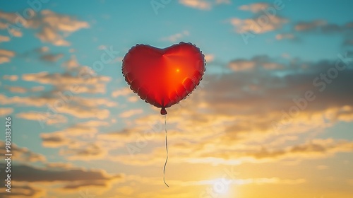 Red heart balloon rising into the golden sky with sun rays breaking through clouds photo