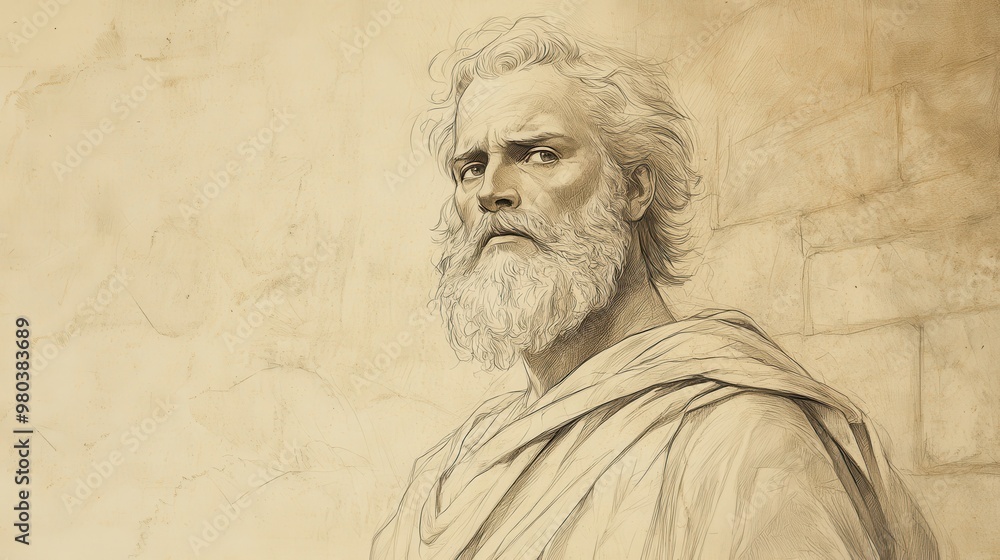 Fototapeta premium 1 Kings Scene: Elijah Leaves the Palace After Announcing God’s Message of Drought, Biblical Illustration with Beige Background