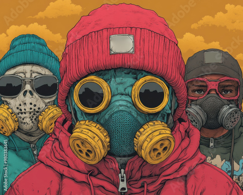 In an outdoor, dystopian cityscape, three people in hazmat suits and gas masks face the camera, their expressions hidden behind protective gear. photo