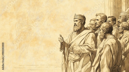 Astonished Court Reactions: Biblical Depiction of Solomon Asking for Wisdom, Beige Background