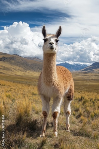 Curious Llama Standing in Scenic Andean Grassland