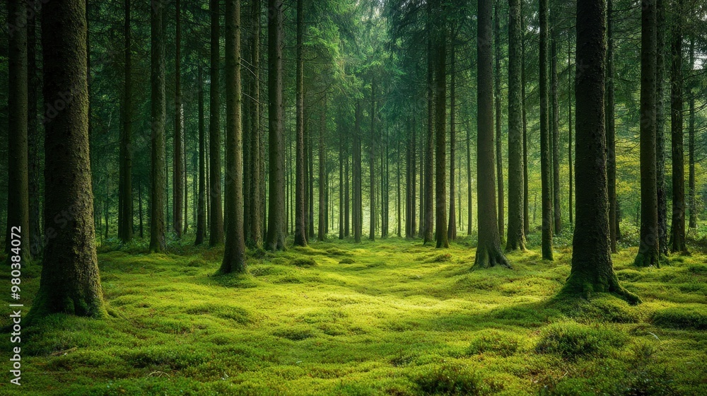Fototapeta premium A dense, evergreen forest with tall, straight trees and a carpet of soft moss.