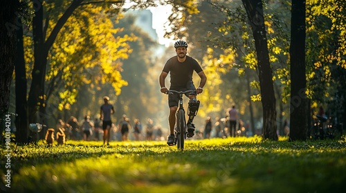 A man with a prosthetic leg cycling through a park, showcasing strength and determination photo