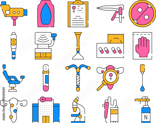 Gynecologist Treatment Collection Icons Set Vector. Gynecologist Colposcope And Stethoscope, Gynecological Suppositories And Chair color Contour Illustrations