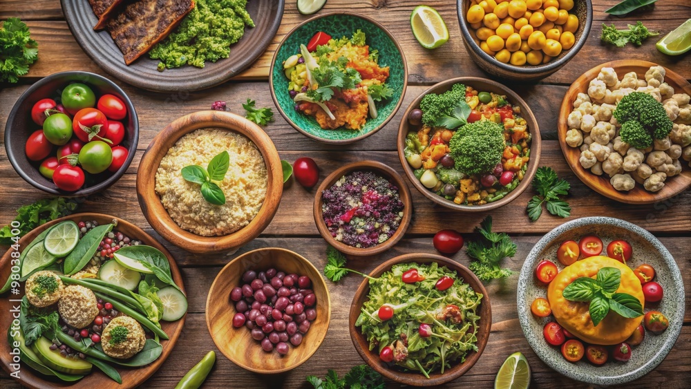 A vibrant medley of plant-based delights showcases a variety of wholesome, expertly styled vegan dishes, including salads, bowls, and entrees, on a rustic wooden table. A vibrant medley of plant-based delights showcases a variety of wholesome, expertly styled vegan dishes, including salads, bowls, and entrees, on a rustic wooden table.