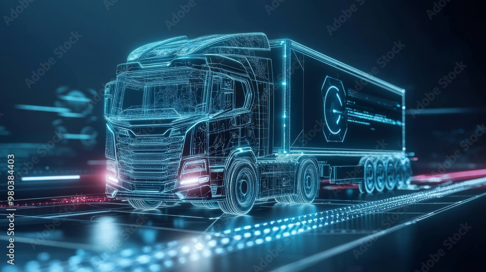 Autonomous smart truck. Unmanned vehicles with artificial intelligence controlling the autonomous truck. Holographic car style in HUD/UI/GUI. Hardware diagnostics and vehicle condition analysis. Auto Autonomous smart truck. Unmanned vehicles with artificial intelligence controlling the autonomous truck. Holographic car style in HUD/UI/GUI. Hardware diagnostics and vehicle condition analysis. Auto