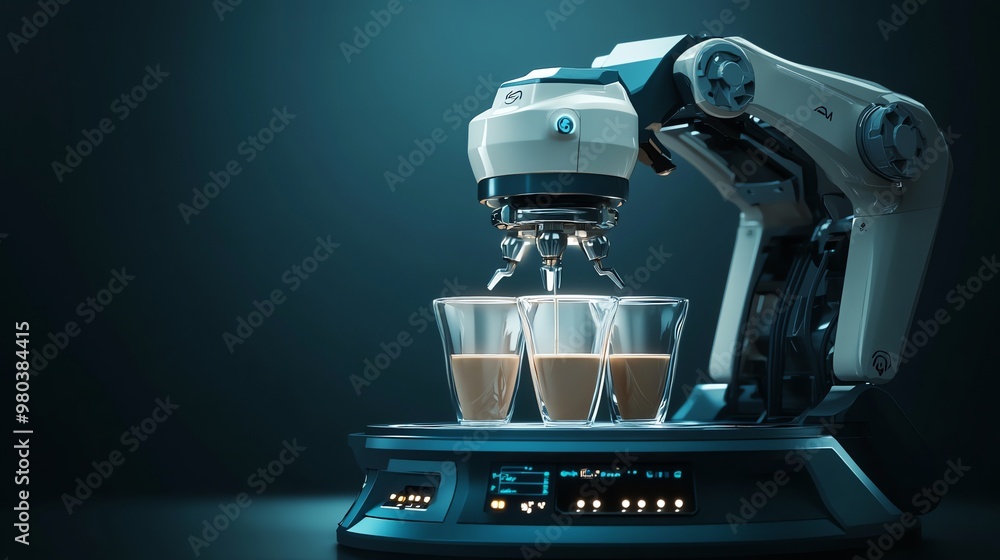 Futuristic Robotic Arm Pouring Coffee Into Three Glasses Futuristic Robotic Arm Pouring Coffee Into Three Glasses