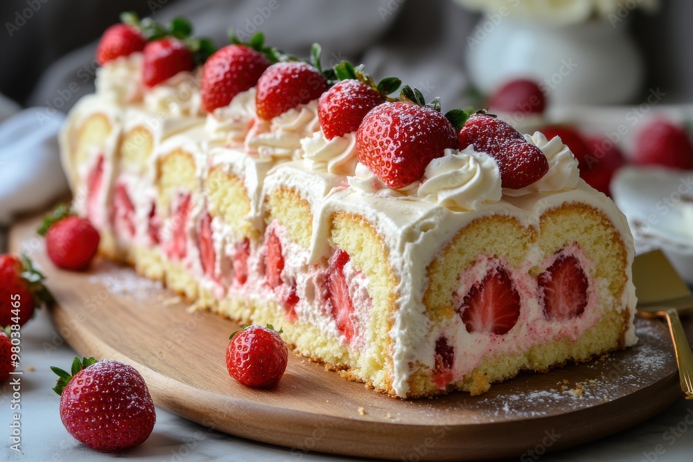A strawberry cake with whipped cream and strawberries on top A strawberry cake with whipped cream and strawberries on top