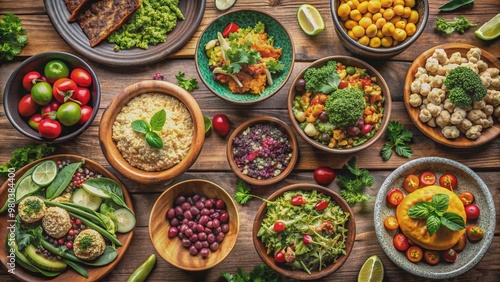 A vibrant medley of plant-based delights showcases a variety of wholesome, expertly styled vegan dishes, including salads, bowls, and entrees, on a rustic wooden table.