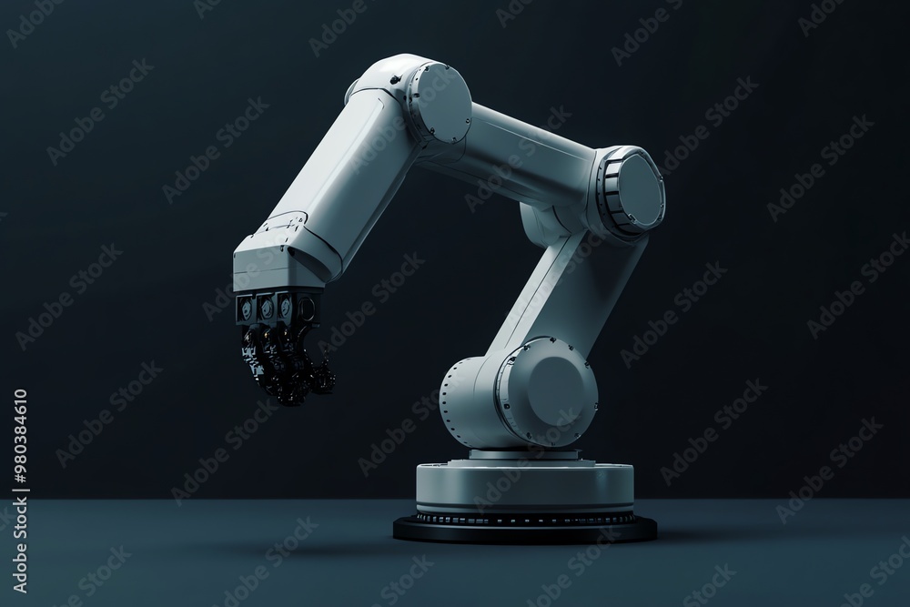 White Robotic Arm with Articulated Hand on a Dark Background White Robotic Arm with Articulated Hand on a Dark Background