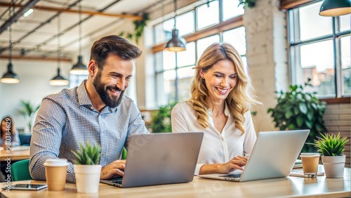 Coworking Space Team Collaboration, Man and Woman Smiling While Working on Laptops