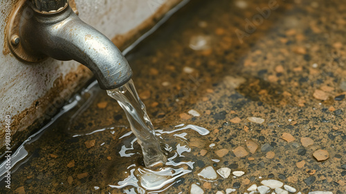 Water flowing from a tap turning into polluted sludge, visualizing the environmental impact on clean water sources. photo