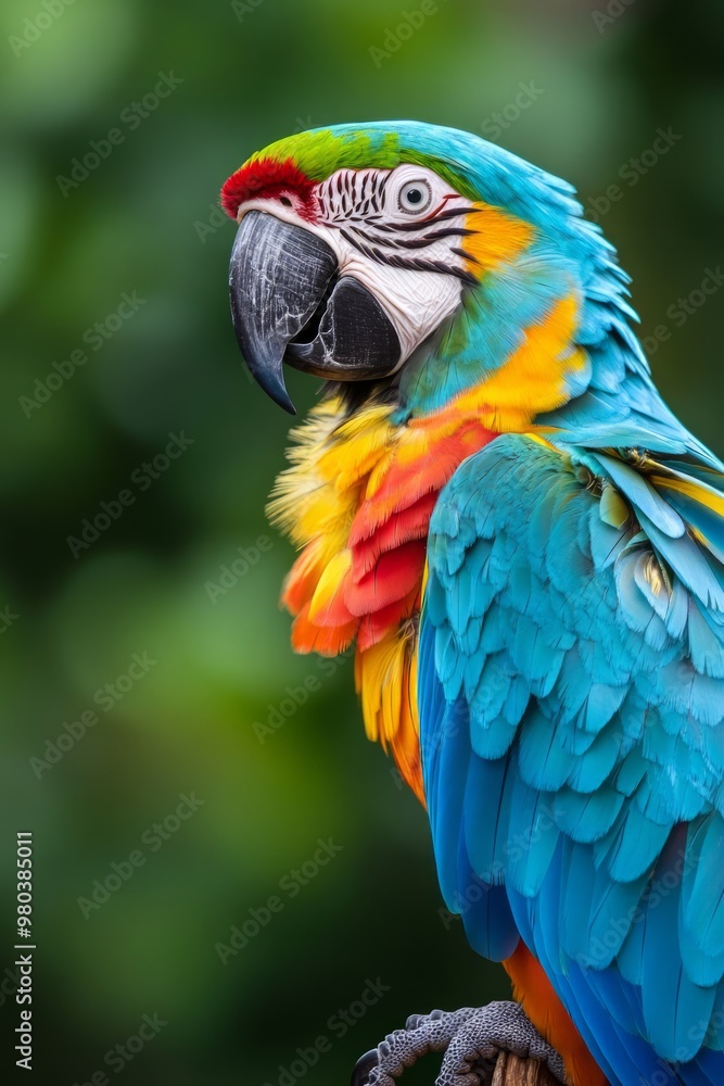Vibrant Scarlet and Azure Macaw Parrot Perching in Lush Tropical Foliage Vibrant Scarlet and Azure Macaw Parrot Perching in Lush Tropical Foliage