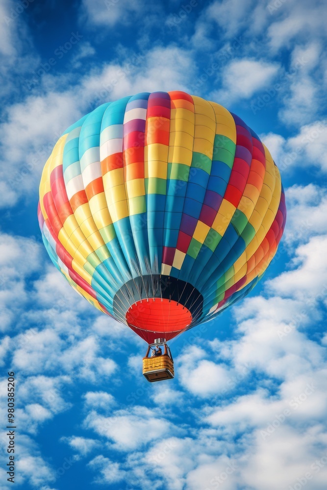 Fototapeta premium Vibrant Colorful Hot Air Balloon Soaring Through Picturesque Cloudy Sky on a Tranquil Adventure