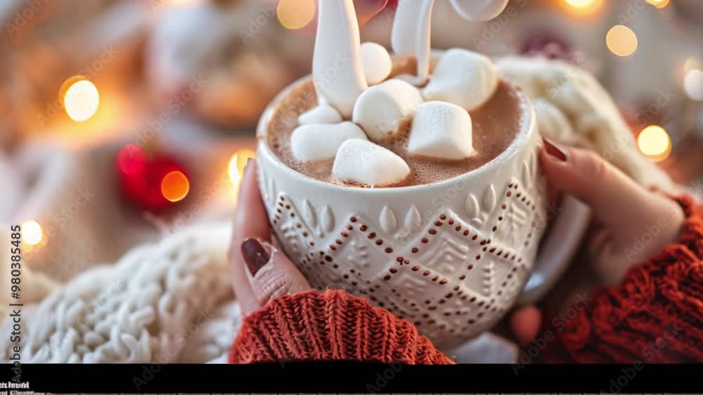 Hand holding a cup of hot chocolate with marshmallows. Hand holding a cup of hot chocolate with marshmallows.