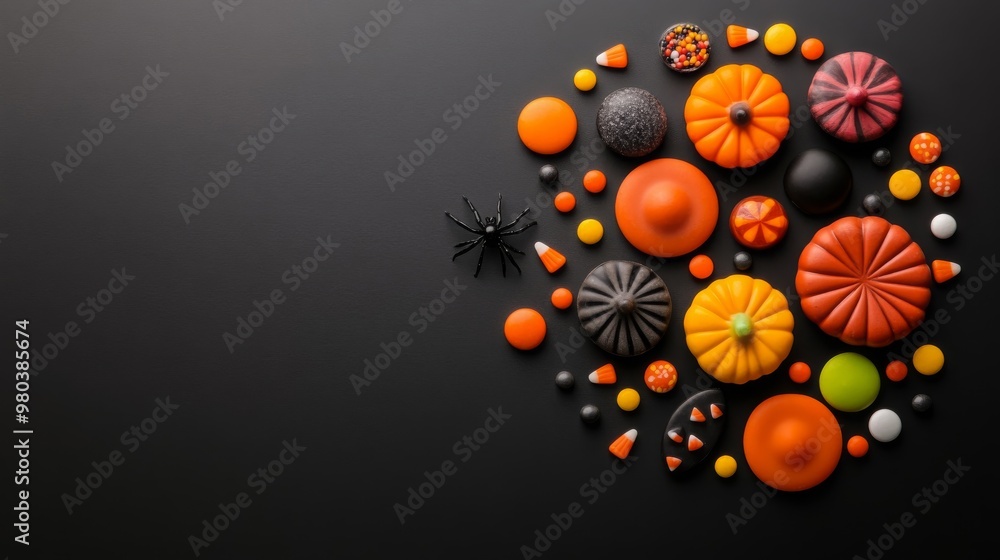 Halloween Candy Pumpkins and Spiders on Black Background Halloween Candy Pumpkins and Spiders on Black Background