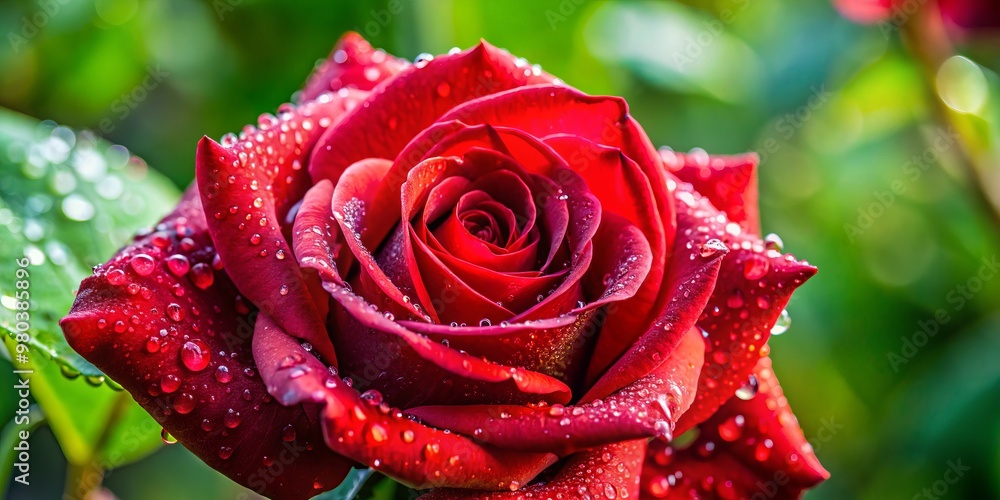 A fresh red rose unfurls in the garden, its delicate petals glistening with water droplets, radiant colors bursting A fresh red rose unfurls in the garden, its delicate petals glistening with water droplets, radiant colors bursting