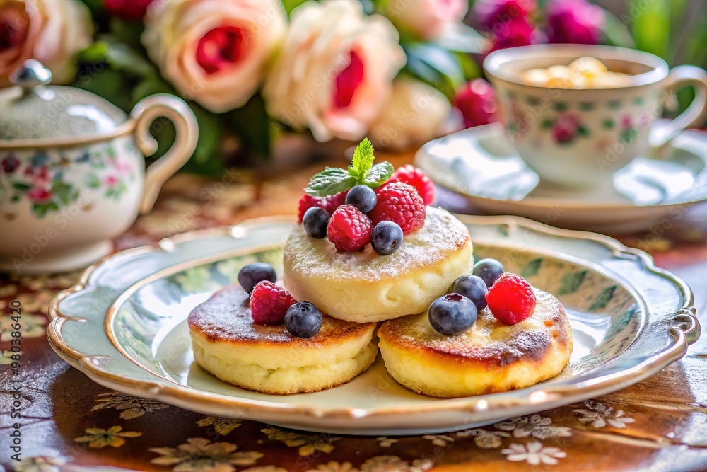 Deliciosos syrniki adornados con frambuesas y arándanos frescos, presentados en una mesa decorada con flores y tazas de té. Una imagen perfecta para un desayuno festivo. Deliciosos syrniki adornados con frambuesas y arándanos frescos, presentados en una mesa decorada con flores y tazas de té. Una imagen perfecta para un desayuno festivo.