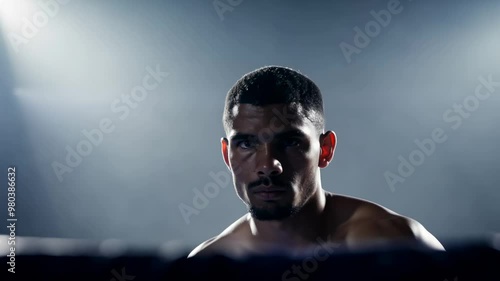 A boxer before a fight. He stares at his opponent, preparing for the fight. Jaw set, the boxer exudes raw power and determination, sizing up his prey.
