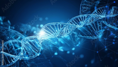 An abstract DNA helix spiral set against a blue wave background, representing the fields of medical science, genetic biotechnology, and biology. 