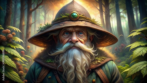 A whimsical cartoon dwarf with a large hat covering his eyes and a long blond beard exuding wisdom and old kindness in a fantastical setting. photo