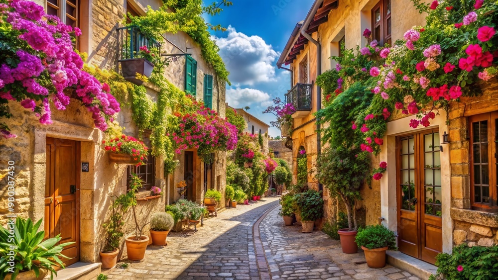 Fototapeta premium Serene atmosphere pervades a picturesque street lined with blooming flowers, ancient buildings, and charming stores, evoking a sense of relaxed wanderlust on a warm sunny day.