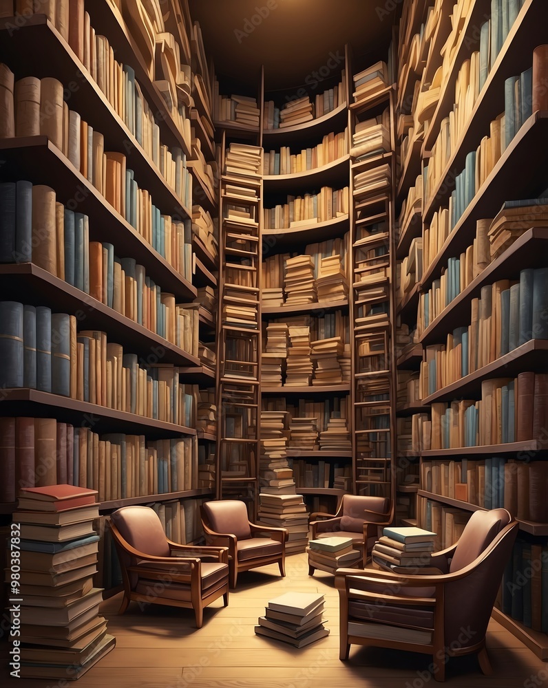 Stacks of books with tables and comfortable chairs Stacks of books with tables and comfortable chairs
