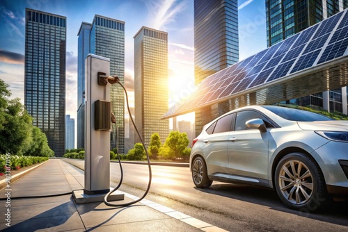  Vehículo eléctrico conectado a una estación de carga en un entorno urbano moderno, rodeado de rascacielos y paneles solares. El sol se refleja en los edificios, destacando la tecnología sostenible en