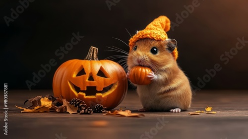 Cute Hamster Holding a Pumpkin for Halloween