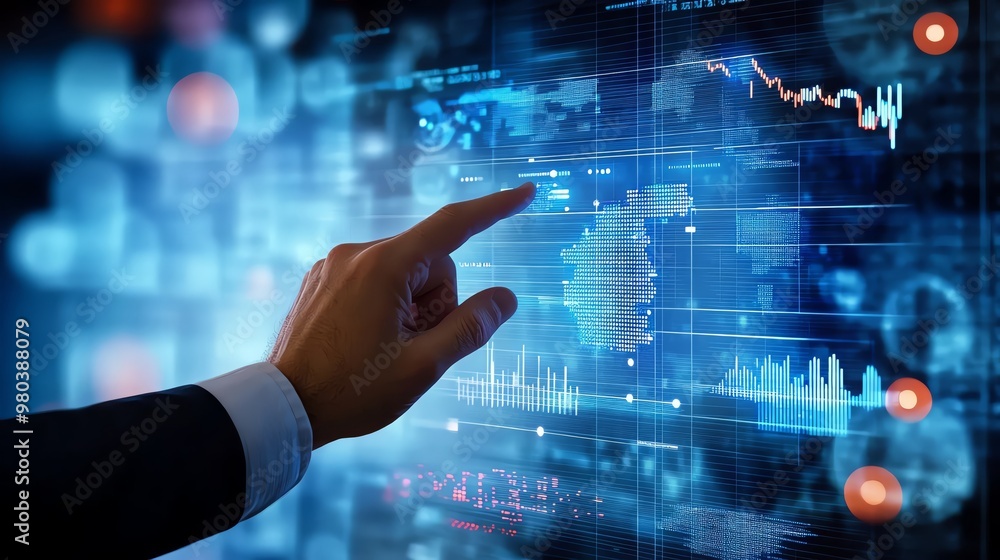 A business professional interacts with digital charts and graphs, analyzing data trends in a futuristic setting. A business professional interacts with digital charts and graphs, analyzing data trends in a futuristic setting.