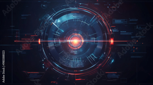 Contemporary aiming system UI/UX: presents a futuristic optical aiming mechanism with a military-style collimator sight. Includes target markers, range focus indicators, and a sci-fi spaceship. photo