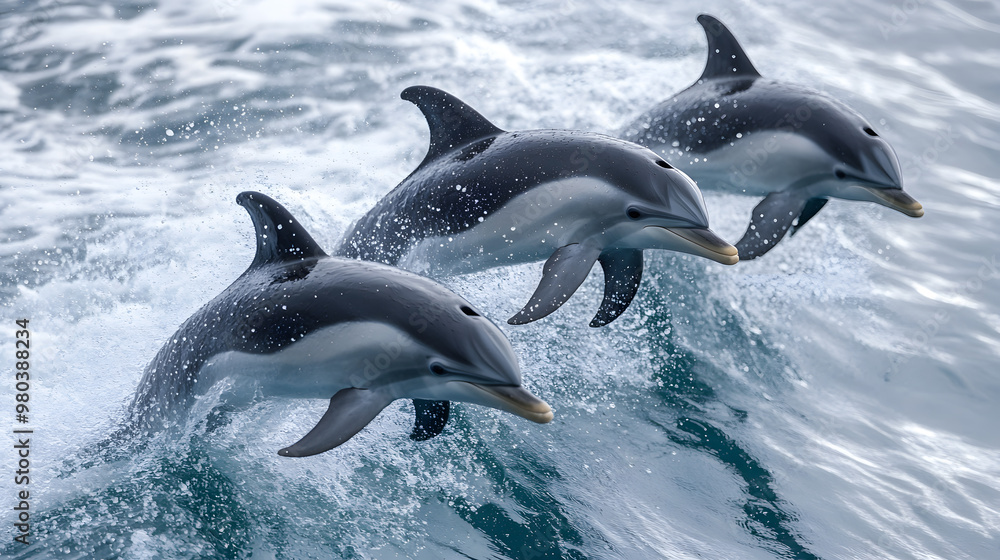 Fototapeta premium Joyful dolphins dance through the sparkling, azure ocean 