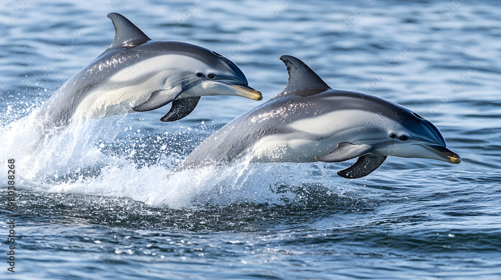 Fototapeta premium Joyful dolphins dance through the sparkling, azure ocean 