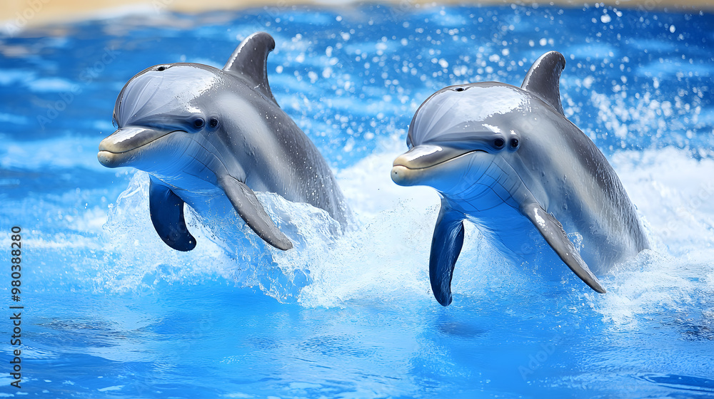 Fototapeta premium Joyful dolphins dance through the sparkling, azure ocean