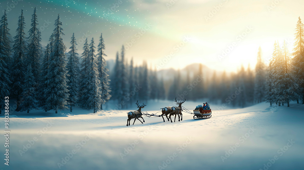 A reindeer sleigh glides through a snowy forest at sunrise, casting long shadows on the snow, with golden sunlight filtering through the trees, capturing the essence of a winter holiday adventure. A reindeer sleigh glides through a snowy forest at sunrise, casting long shadows on the snow, with golden sunlight filtering through the trees, capturing the essence of a winter holiday adventure.