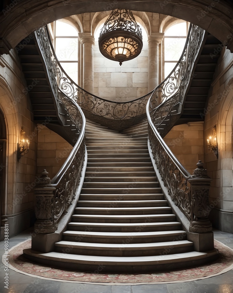 Obraz premium Stone staircase with intricate iron railing and tapestries