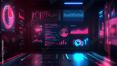 Modern futuristic neon infographic vector template showcasing statistics graphs and finance charts. Features an information panel mockup, with UI, UX, KIT, and HUD elements.