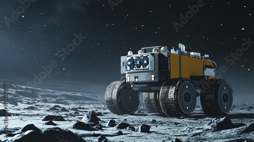 A moon robot equipped with cutting-edge technology explores the desolate landscape, gathering samples and conducting experiments. photo