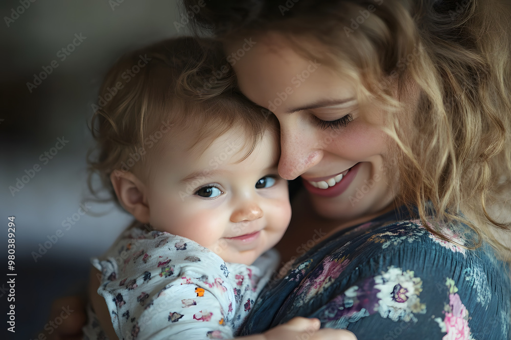 A close-up image of a joyful mother holding her child. Their faces are close together, with the mother smiling warmly radiating love and happiness A close-up image of a joyful mother holding her child. Their faces are close together, with the mother smiling warmly radiating love and happiness