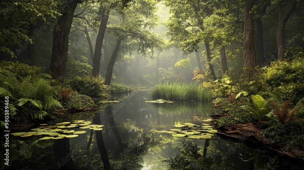 A mystical forest with a small, serene pond surrounded by lush greenery. A mystical forest with a small, serene pond surrounded by lush greenery.