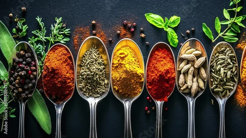 A colorful array of spices and herbs. Colorful spices, nuts, seeds, dried fruits, and herbal flowers. Seasoning spices background. Culinary traditions. Spices for cooking. Natural ingredients. Healthy