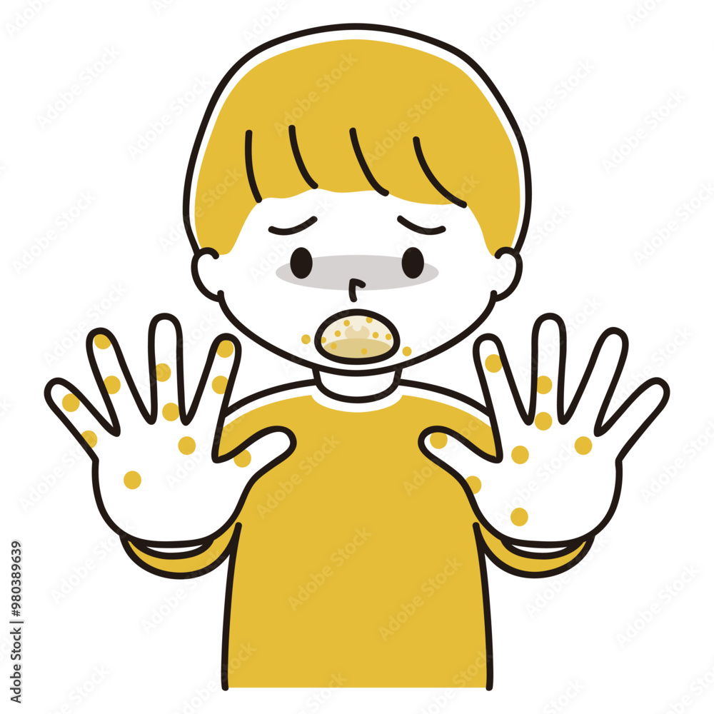 口と手に湿疹ができた男の子のイラスト 口と手に湿疹ができた男の子のイラスト