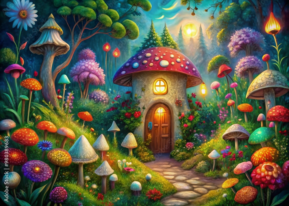 Whimsical acrylic artwork depicting an underground fairy tale home, complete with glowing mushrooms, colorful flowers, and a tiny door, surrounded by curious animal friends. Whimsical acrylic artwork depicting an underground fairy tale home, complete with glowing mushrooms, colorful flowers, and a tiny door, surrounded by curious animal friends.