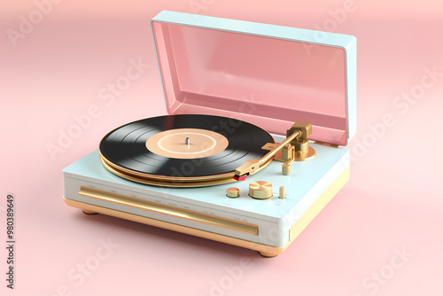 3d retro record player is showcased in gentle pastel colors