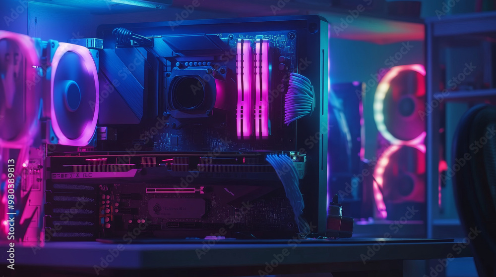 Overclocking gaming PC concept: hardware elements with neon ...