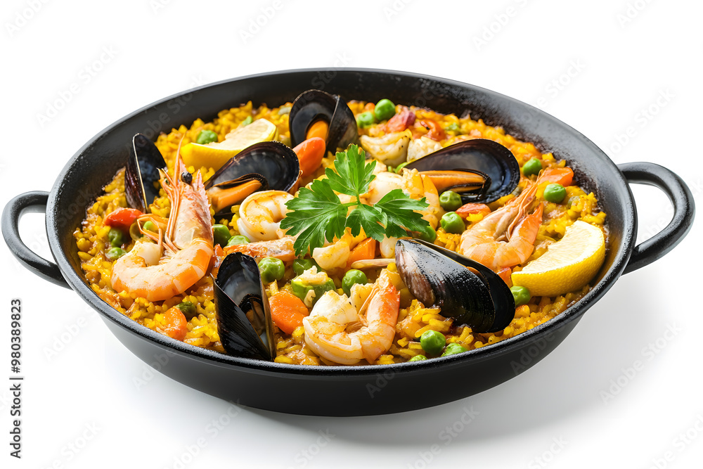 Aromatic seafood paella in dark pan isolated on white background
Aromatic seafood paella in dark pan isolated on white background