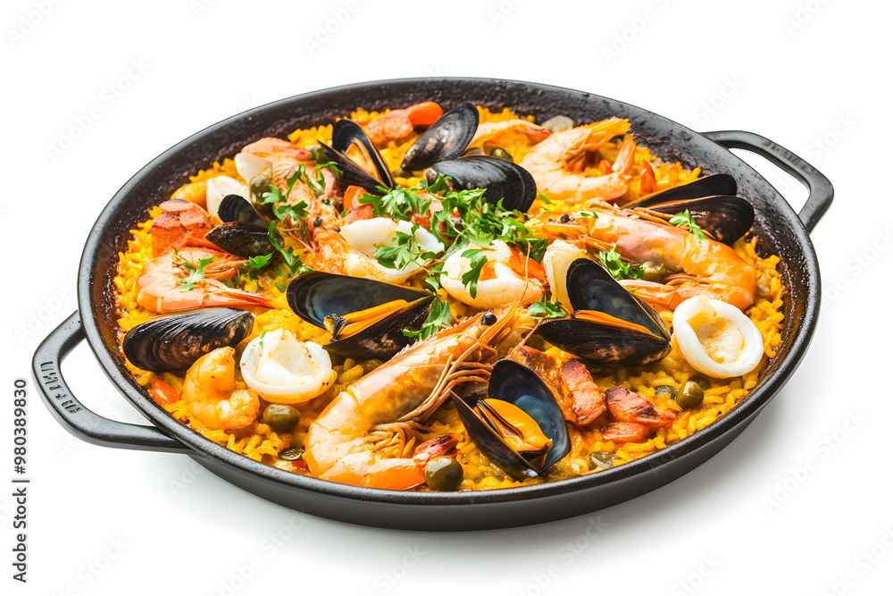 Aromatic seafood paella in dark pan isolated on white background
Aromatic seafood paella in dark pan isolated on white background